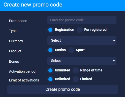 Panel de configuración del código promo