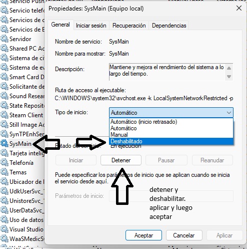 detener servicio sysMain