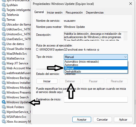 detener servicio WindowsUpdate